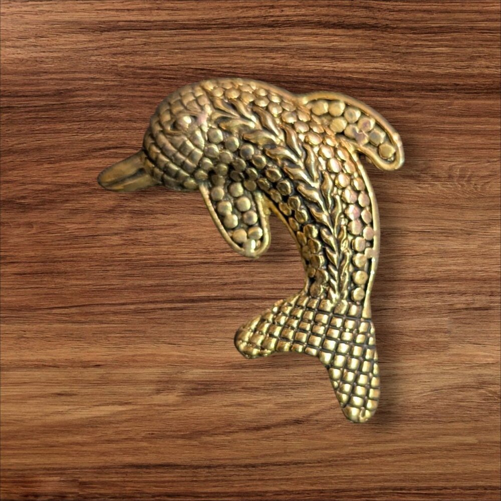 Vintage Brass Dolphin Brooch‎ Pin Textured Finish 2"  Nautical Charm Accessory